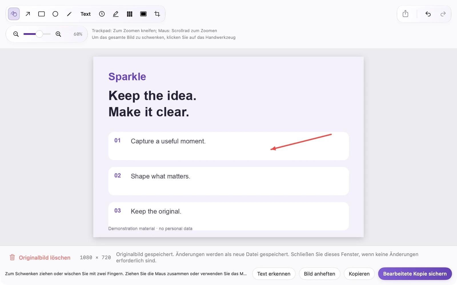 Echter SparkleShot-Bildeditor mit Anmerkungstools, OCR, Anheften, Kopieren und Steuerelementen zum Speichern und Kopieren