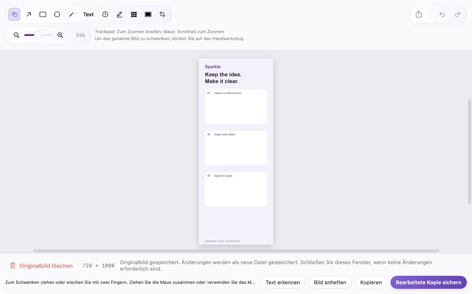 Echter SparkleShot Scrolling-Capture-Editor mit zusammengefügten vertikalen Inhalten und Anmerkungssymbolleiste