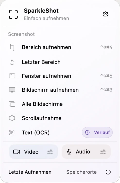Tatsächliches SparkleShot-Menüleistenfeld mit separaten Einträgen für Screenshot, Bildschirmaufzeichnung und Audioaufzeichnung