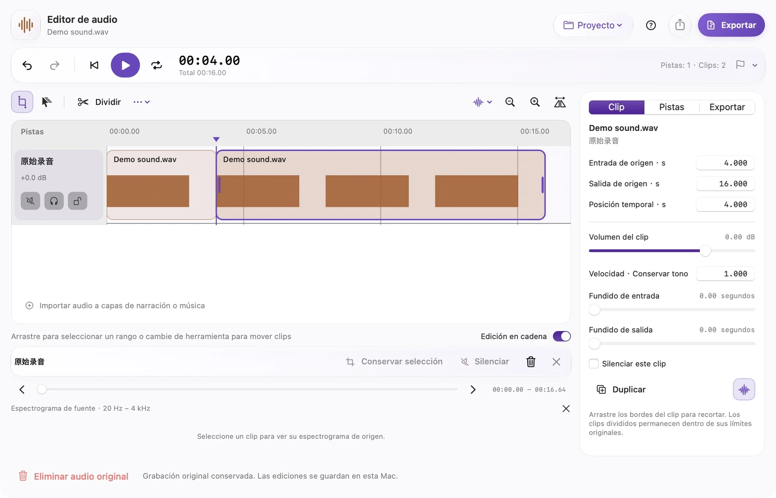 Espacio de trabajo de audio SparkleShot en español real que muestra clips divididos, controles de forma de onda, espectro y efectos de clip