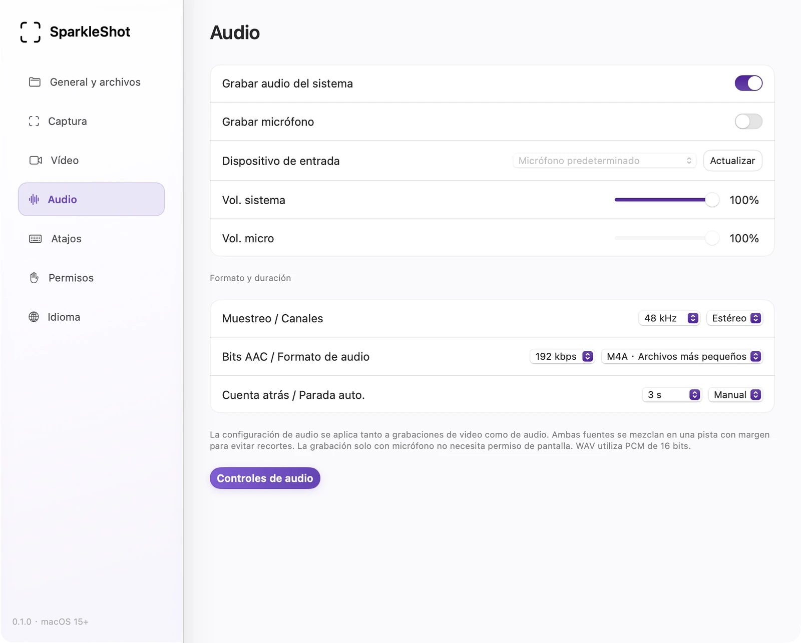 Configuraciones de audio reales de SparkleShot que muestran niveles de entrada, micrófono, frecuencia de muestreo, canales y formato