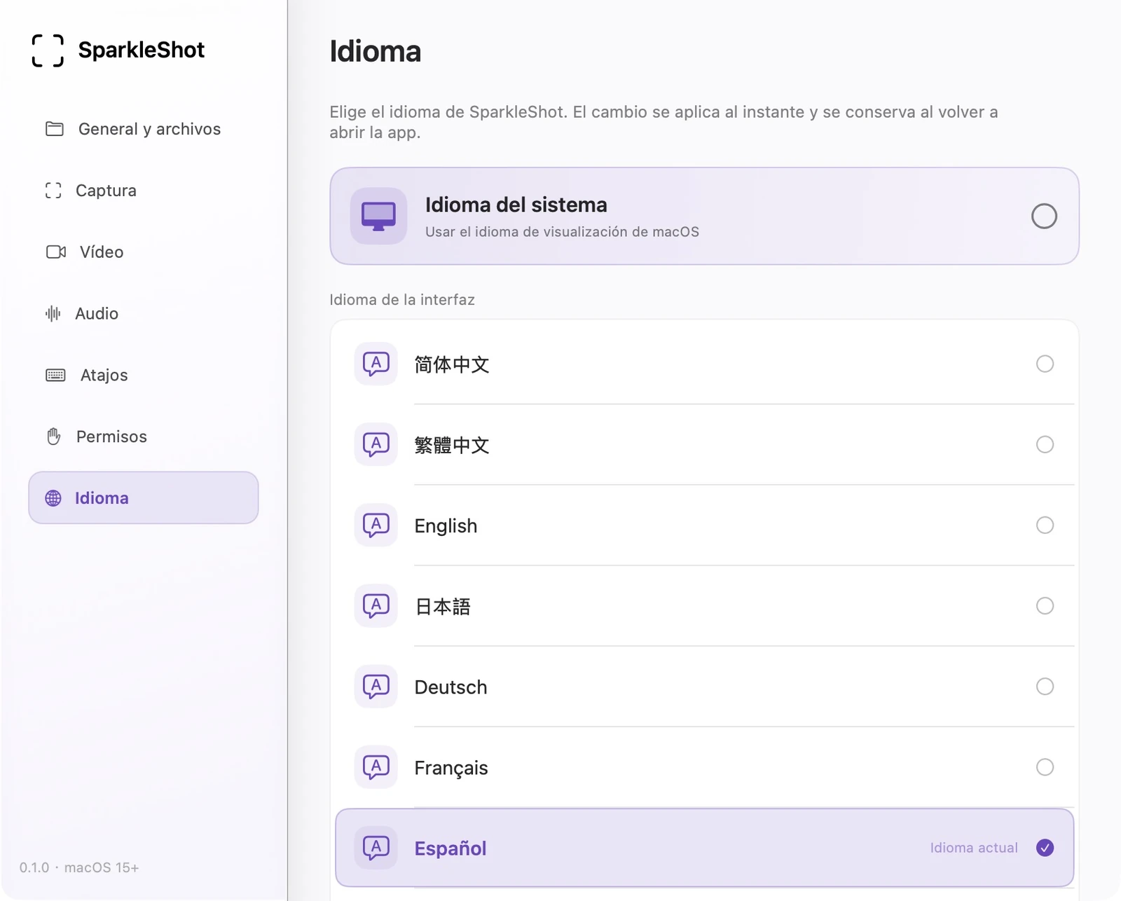 Configuración real del idioma español SparkleShot con sistema de seguimiento y 12 opciones de idioma de interfaz