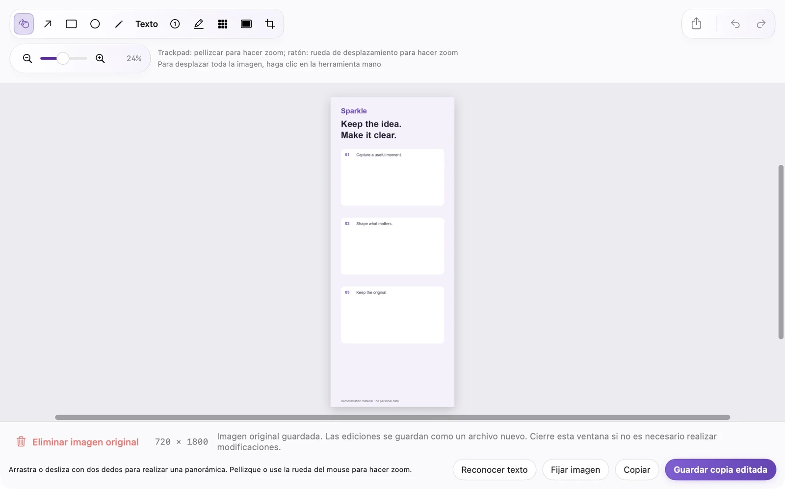 Editor de captura de desplazamiento SparkleShot real con contenido vertical unido y barra de herramientas de anotaciones
