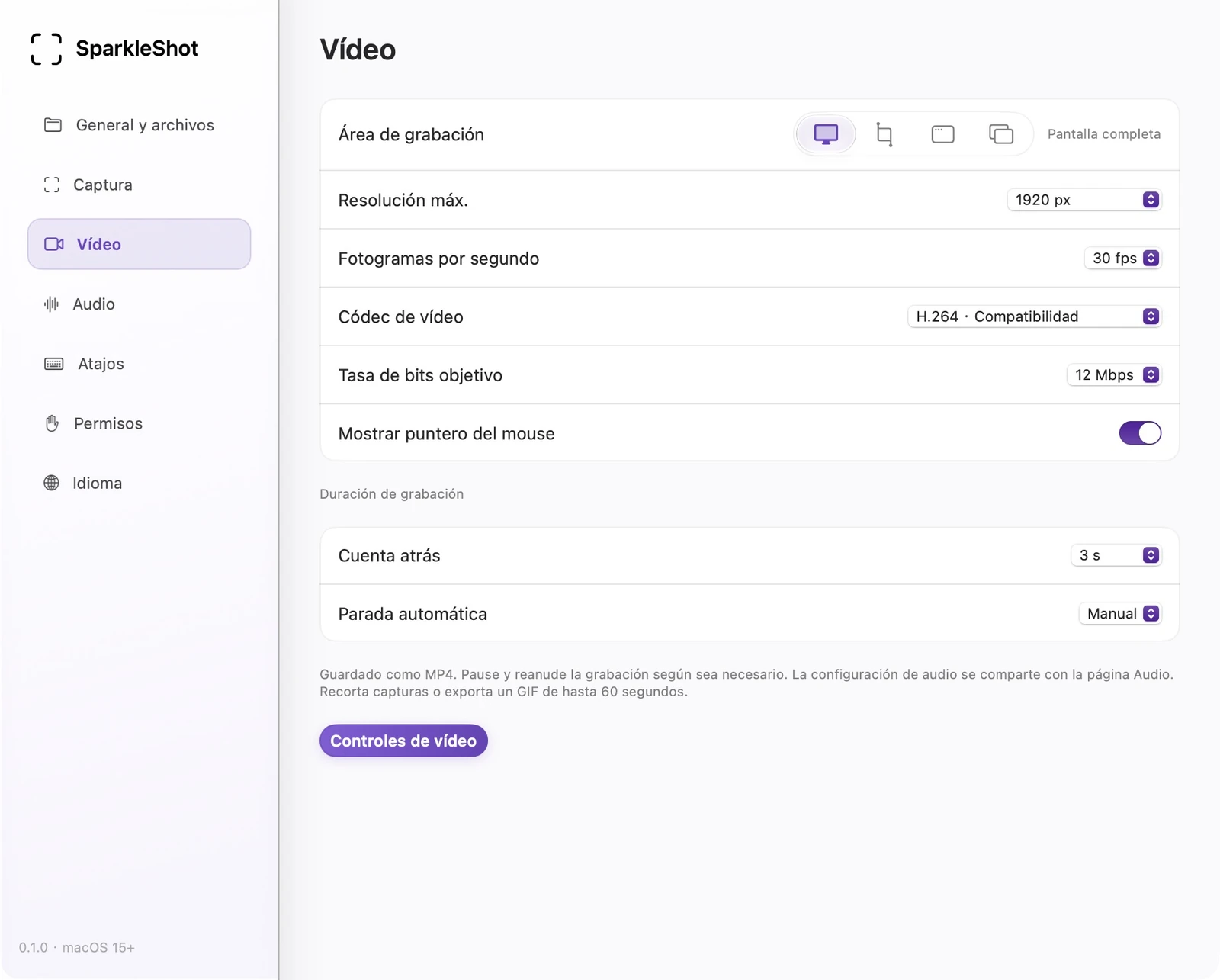Configuraciones reales de video SparkleShot con velocidad de fotogramas, tamaño, códec y opciones de grabación