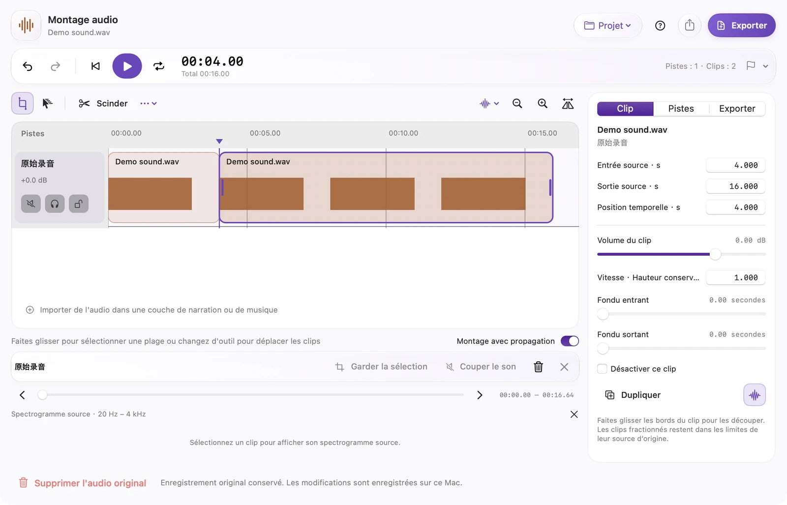 Espace de travail audio SparkleShot en français réel affichant les commandes de clips divisés, de forme d'onde, de spectre et d'effet de clip