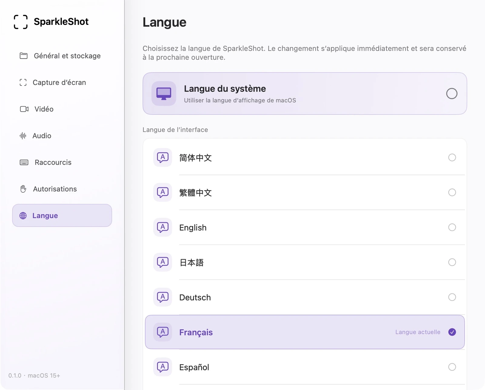 Paramètres de langue SparkleShot en français réel avec système de suivi et 12 options de langue d'interface