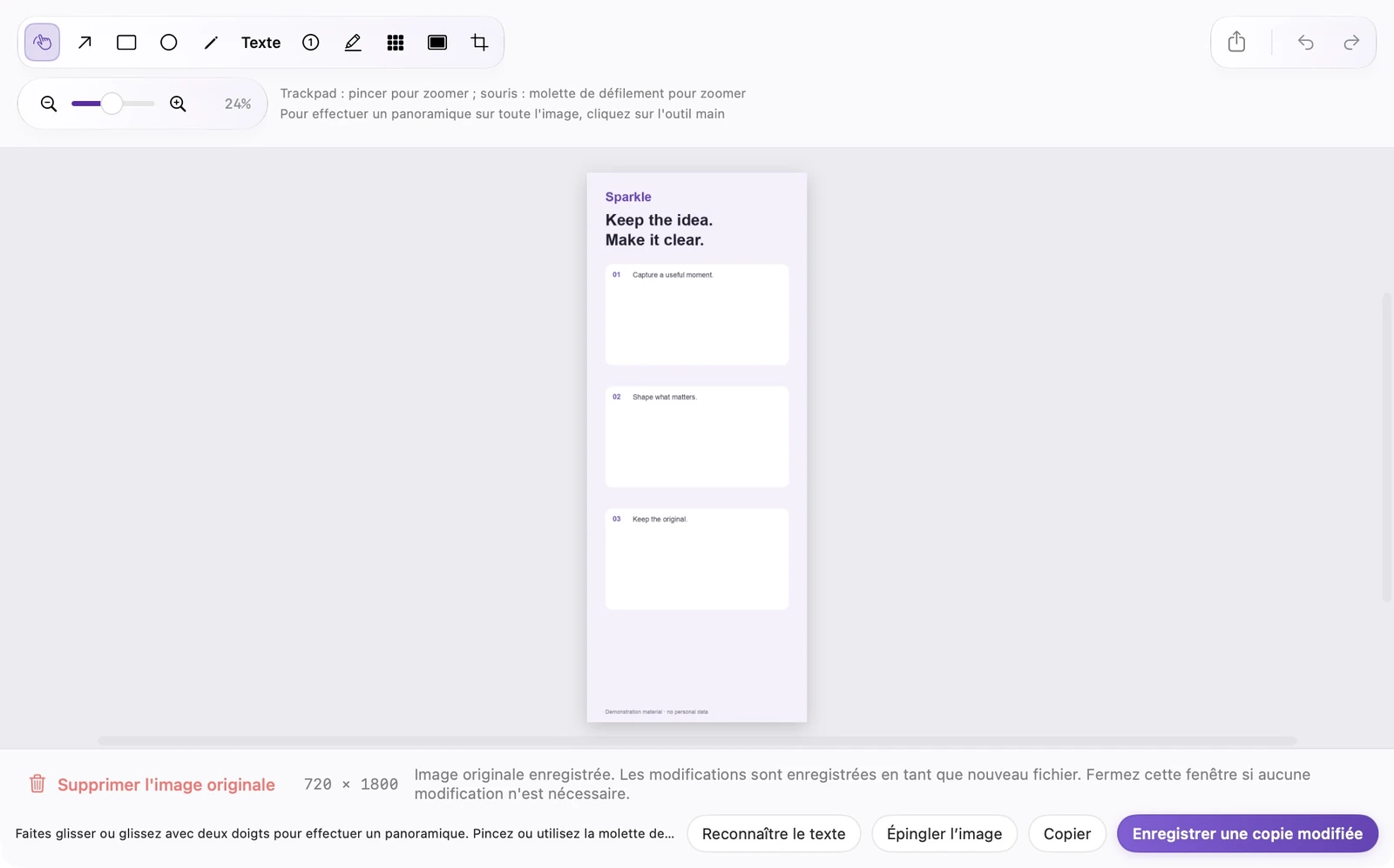 Éditeur de capture à défilement SparkleShot actuel avec contenu vertical assemblé et barre d'outils d'annotation