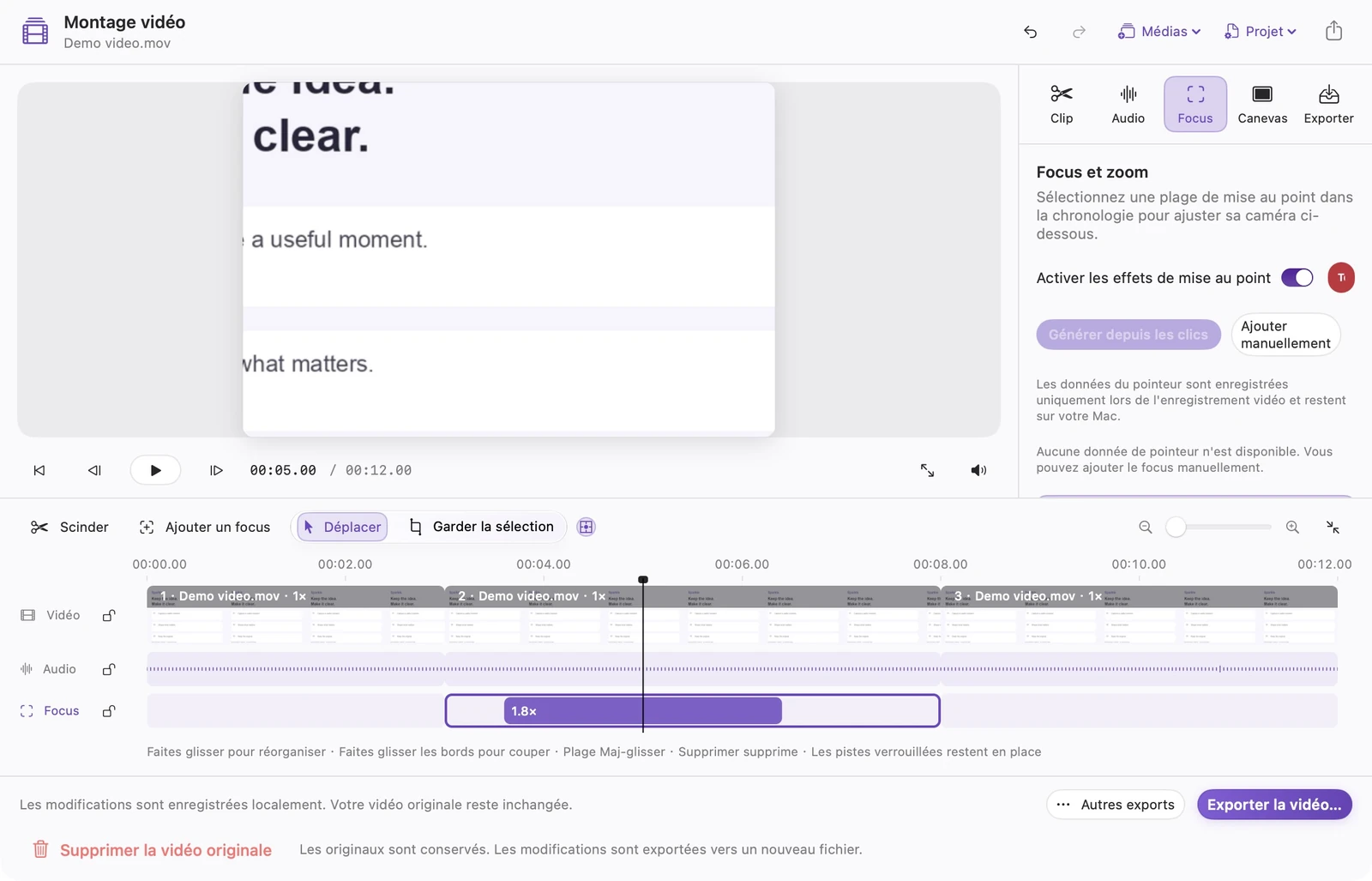 Espace de travail vidéo SparkleShot français actuel avec trois clips, audio vidéo et voies de mise au point, et une plage de zoom manuelle