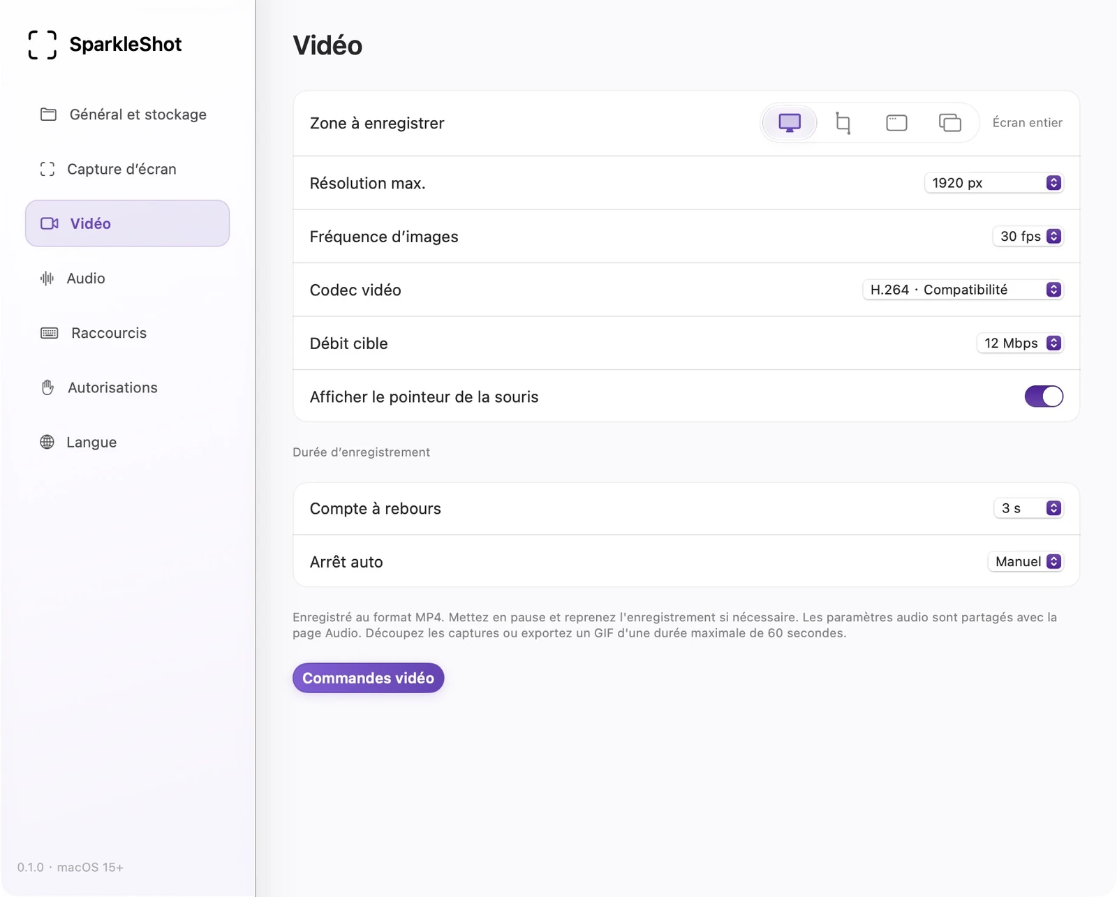 Paramètres vidéo SparkleShot réels avec options de fréquence d'images, de taille, de codec et d'enregistrement