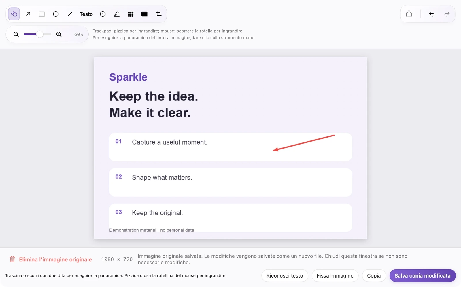 Vero e proprio editor di immagini SparkleShot con strumenti di annotazione, OCR, controlli Pin, Copia e Salva Copia