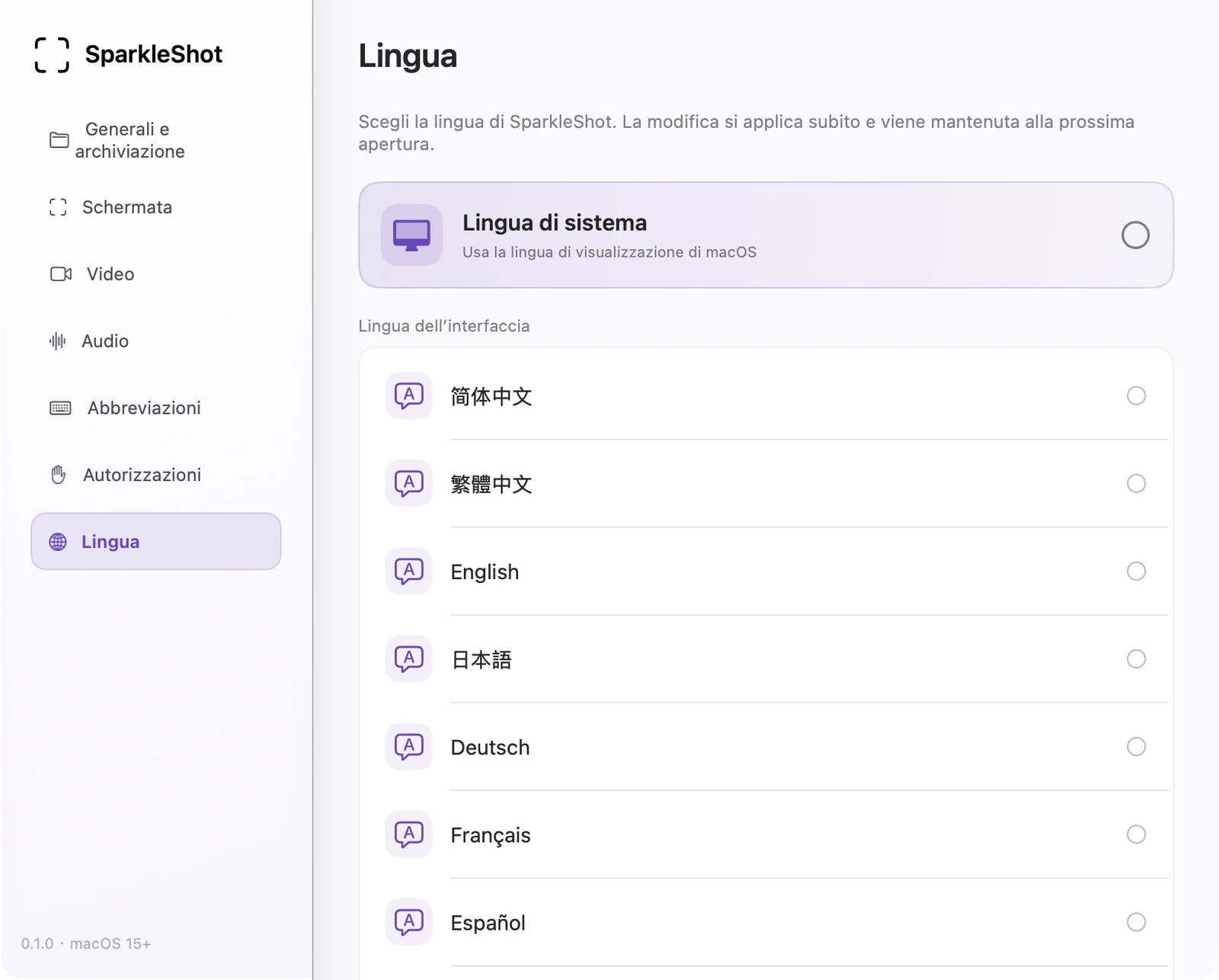 Impostazioni di SparkleShot in italiano, con «Segui il sistema» e 12 lingue disponibili