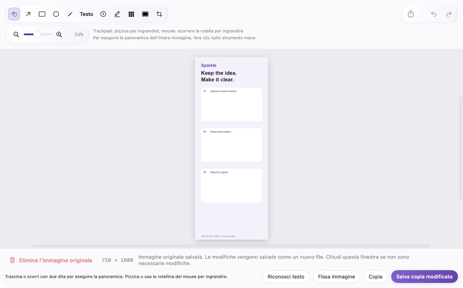 Vero e proprio editor di acquisizione a scorrimento SparkleShot con contenuto verticale cucito e barra degli strumenti per le annotazioni