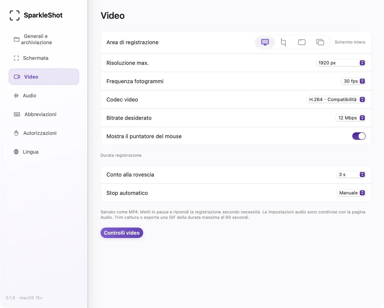 Impostazioni video SparkleShot effettive con frame rate, dimensioni, codec e opzioni di registrazione