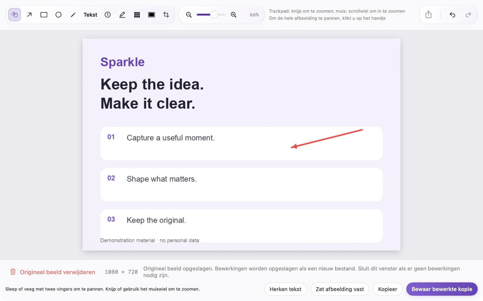 Werkelijke SparkleShot-afbeeldingseditor met annotatietools, OCR, vastzetten, kopiëren en besturingselementen voor opslaan en kopiëren