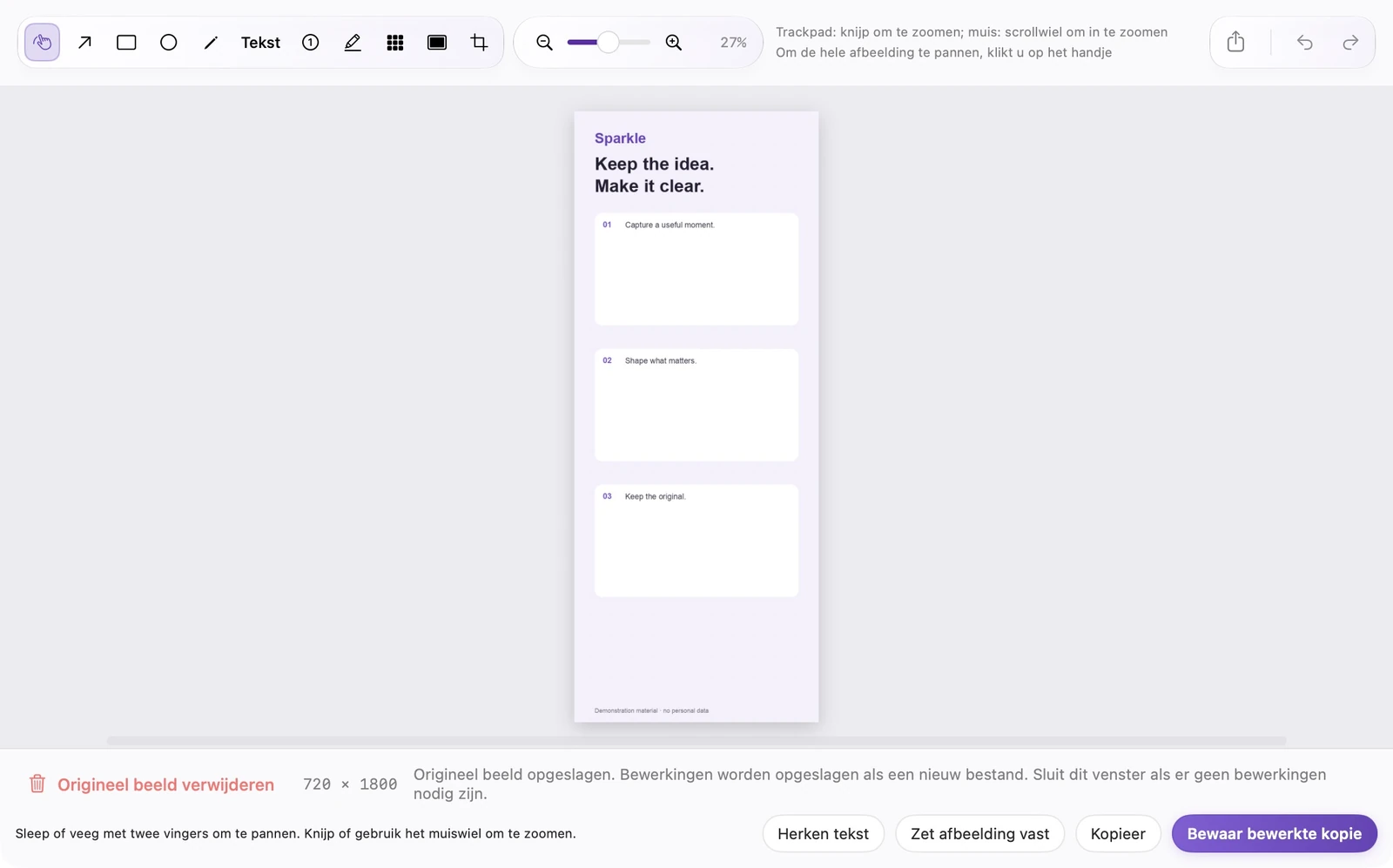 Werkelijke SparkleShot-editor voor scrollen en vastleggen met samengevoegde verticale inhoud en annotatiewerkbalk