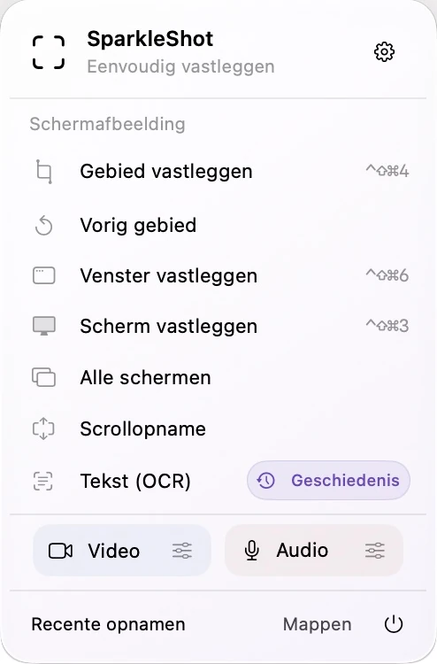 Werkelijk SparkleShot-menubalkpaneel met afzonderlijke screenshot-, schermopname- en audio-opname-items