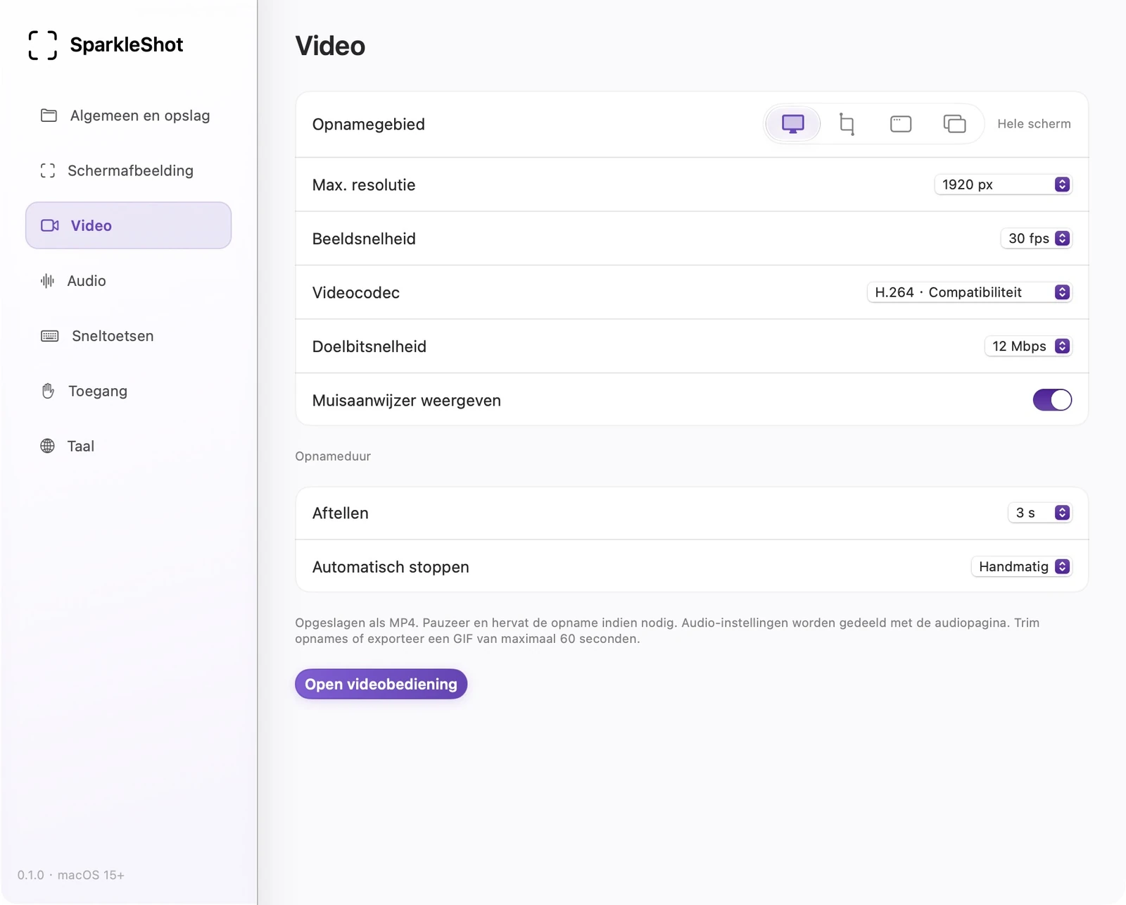 Werkelijke SparkleShot-video-instellingen met framesnelheid, grootte, codec en opnameopties