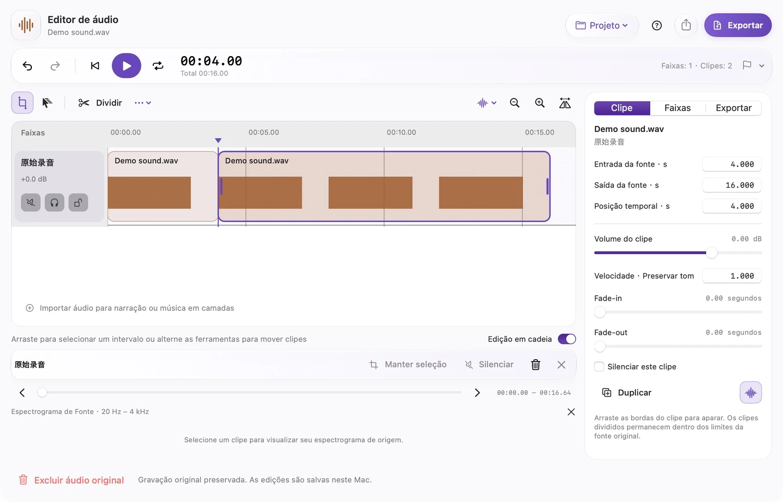 Espaço de trabalho real do áudio SparkleShot em português do Brasil mostrando clipes divididos, forma de onda, espectro e controles de efeito de clipe