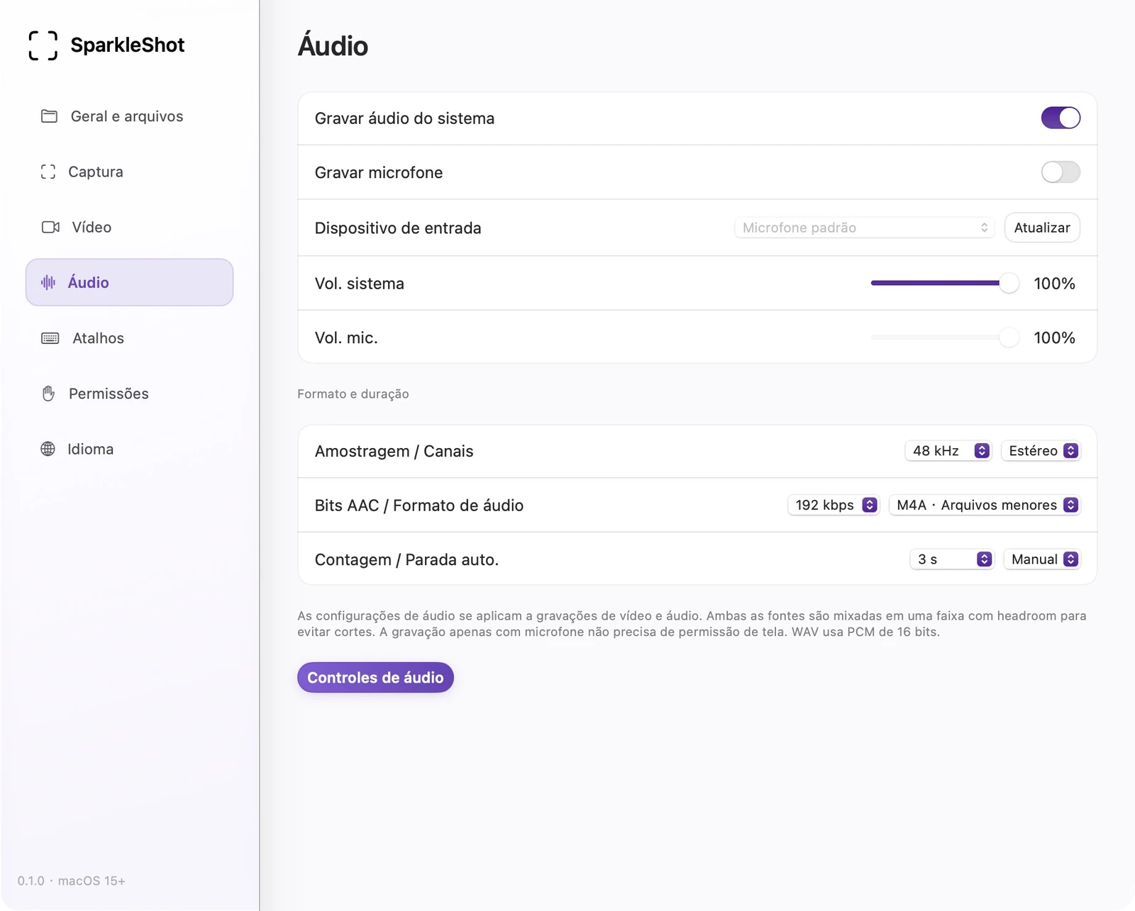 Configurações reais de áudio do SparkleShot mostrando níveis de entrada, microfone, taxa de amostragem, canais e formato