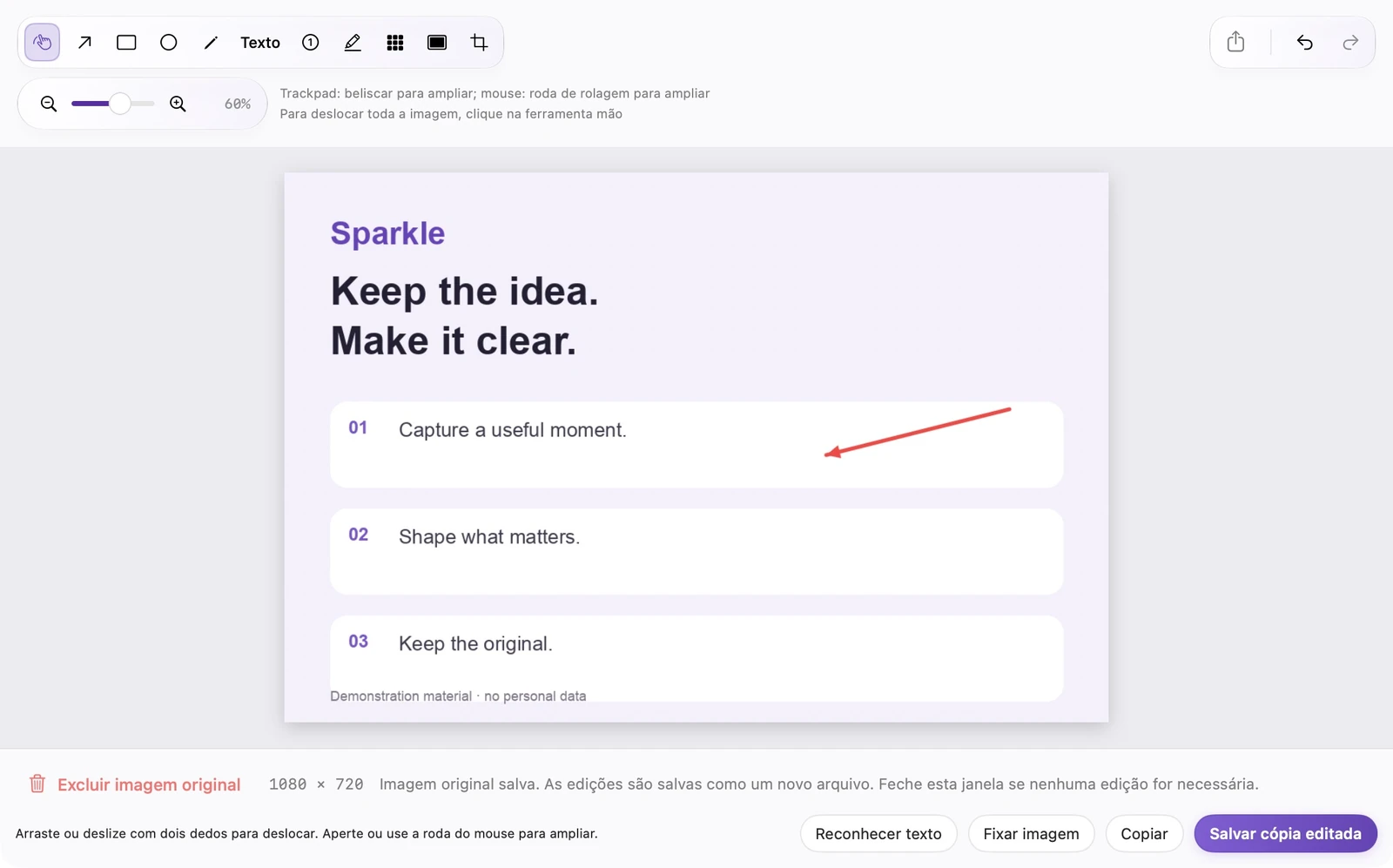 Editor de imagens SparkleShot real com ferramentas de anotação, controles de OCR, fixar, copiar e salvar cópia