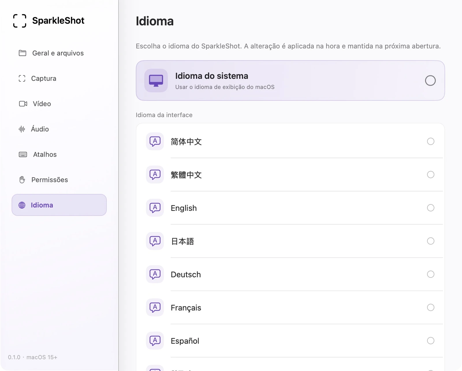Configurações reais do idioma SparkleShot em português brasileiro com sistema de acompanhamento e 12 idiomas de interface
